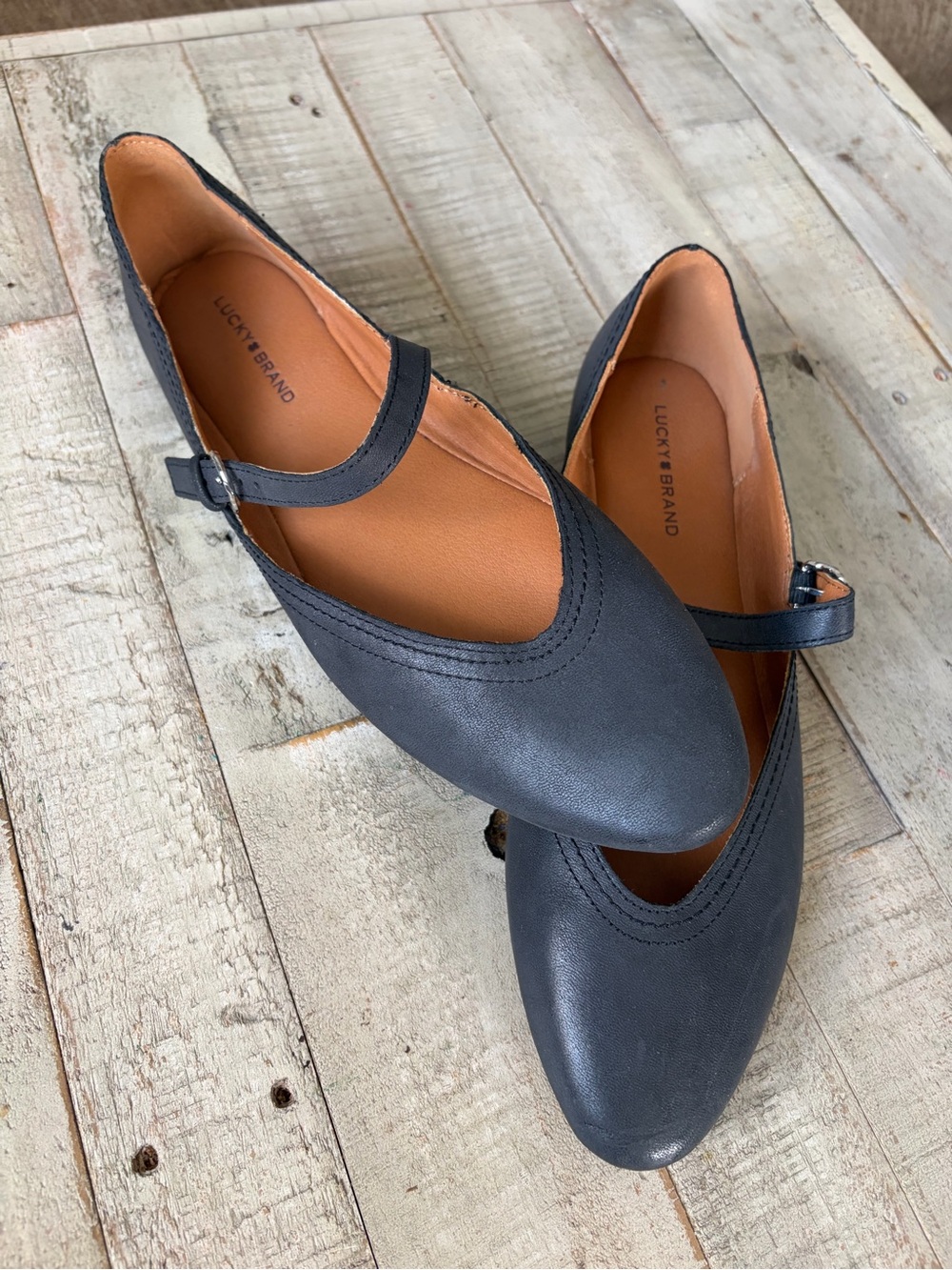 Lucky Brand Black Leather Mary Jane Flats with Tan Insole